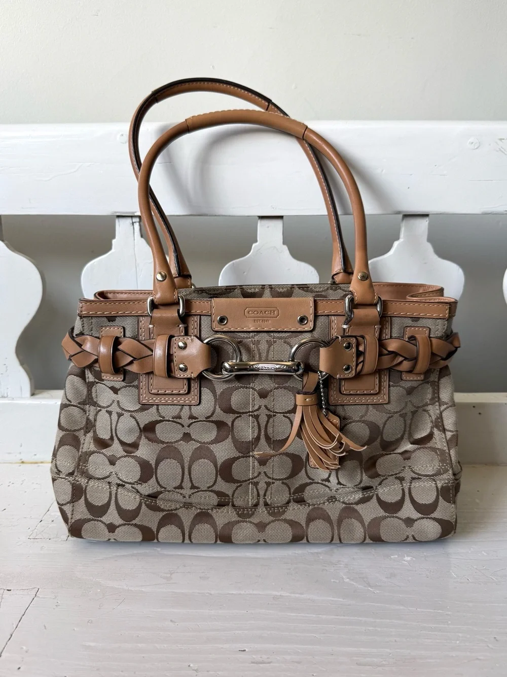Coach Hamptons Signature Jacquard Shoulder Bag in Tan and Brown Mint Condition